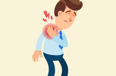 Cartoon drawing of a man holding his injured right shoulder.